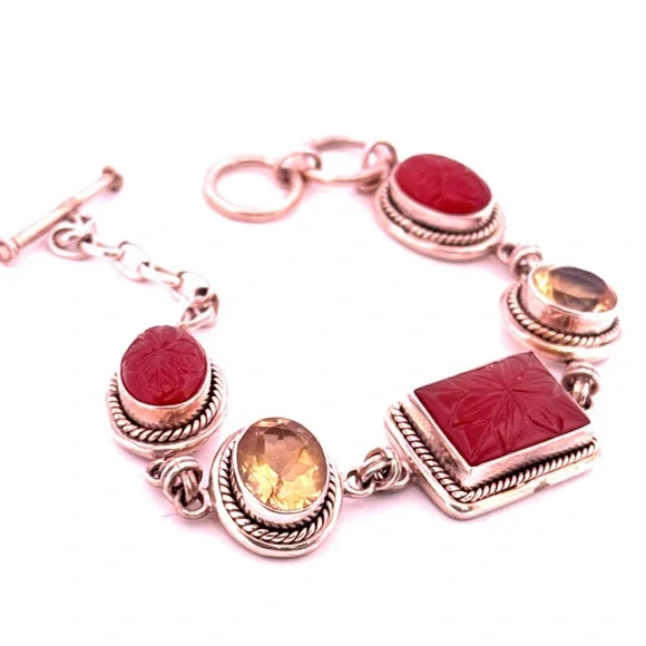 925 Sterling silver carved carnelian and faceted citrine bracelet 37.4g - Picture 4 of 10